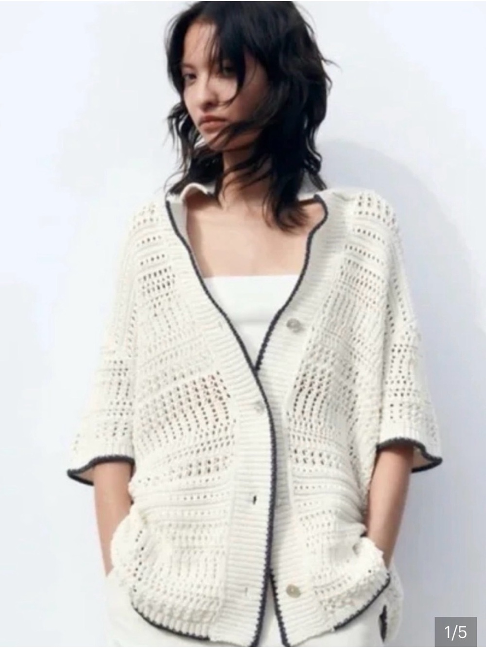 Zara Cream Open-Knit Cardigan Sweater with Contrast Trim